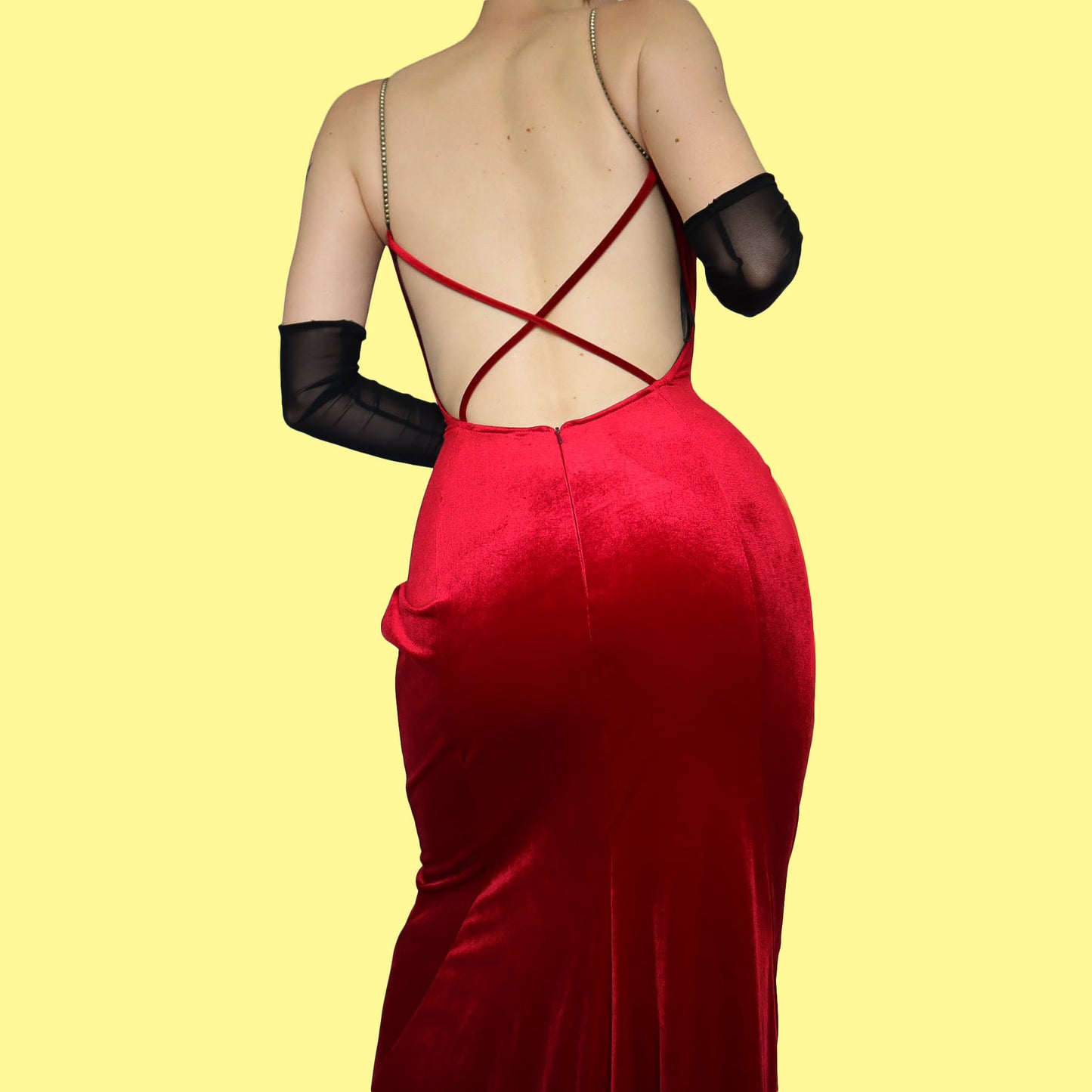 Red velvet open back evening dress UK 12