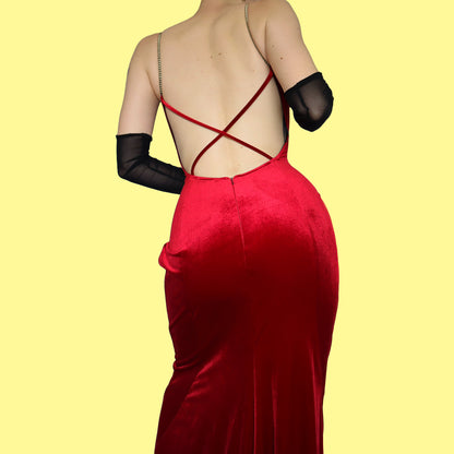 Red velvet open back evening dress UK 12