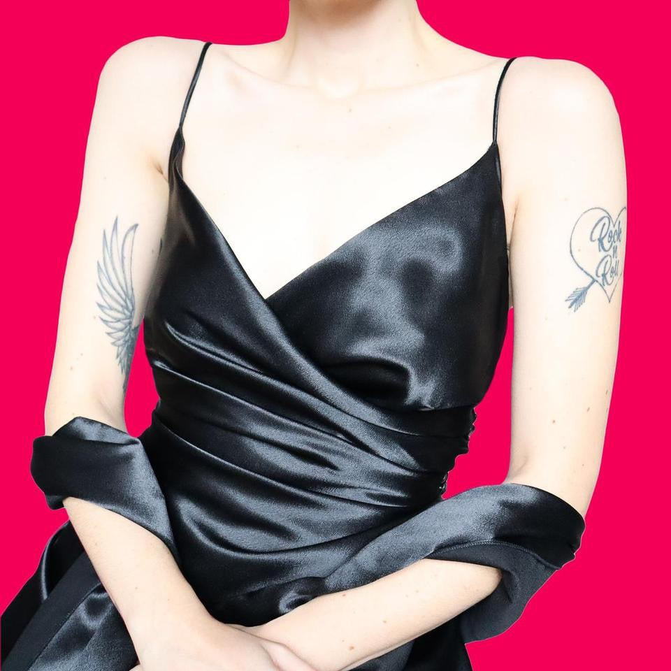 Black satin evening dress & shawl UK 12-14