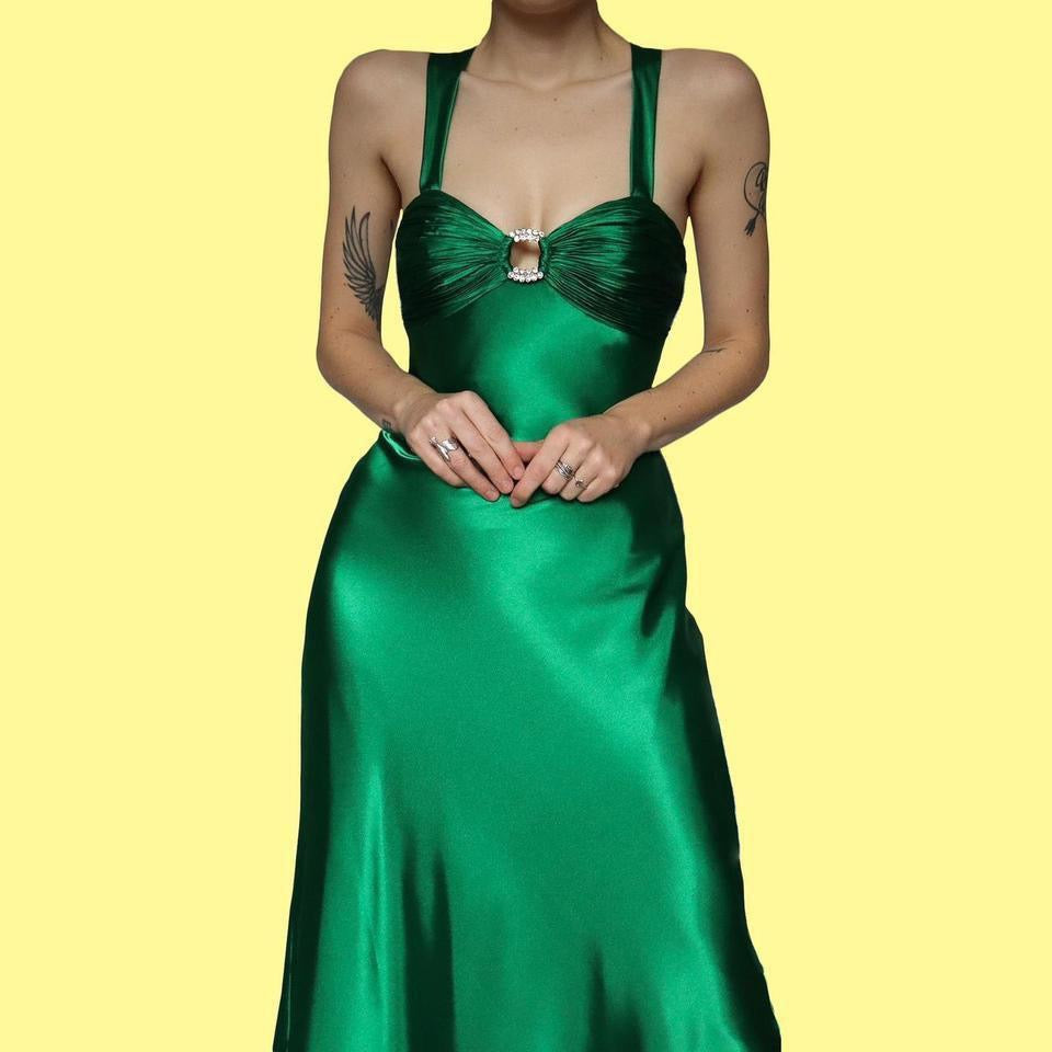 Green satin diamanté evening dress UK 8