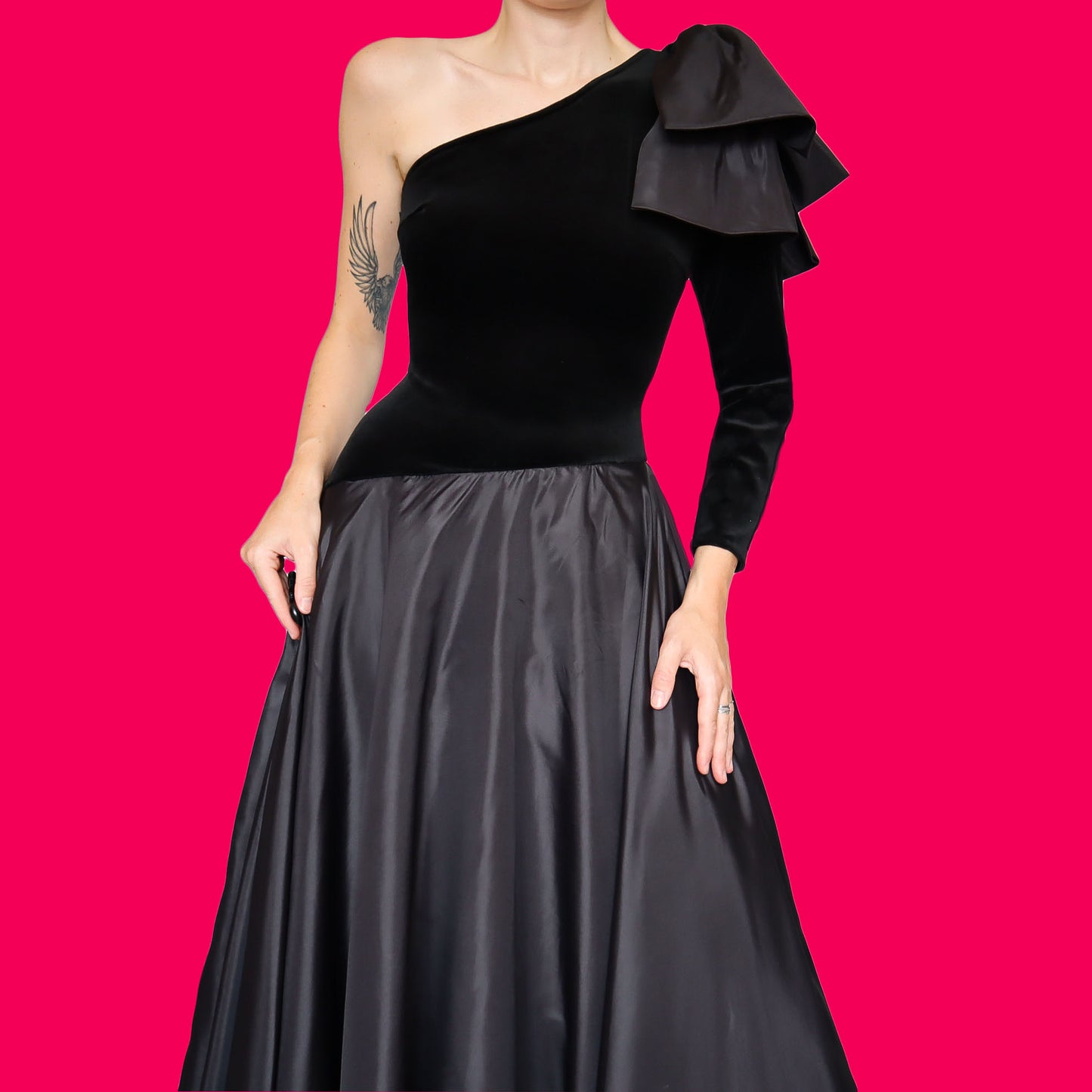 Black a-line velvet one shoulder evening dress UK 8-10