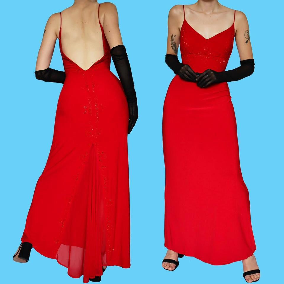 Red beaded low back evening dress UK 12