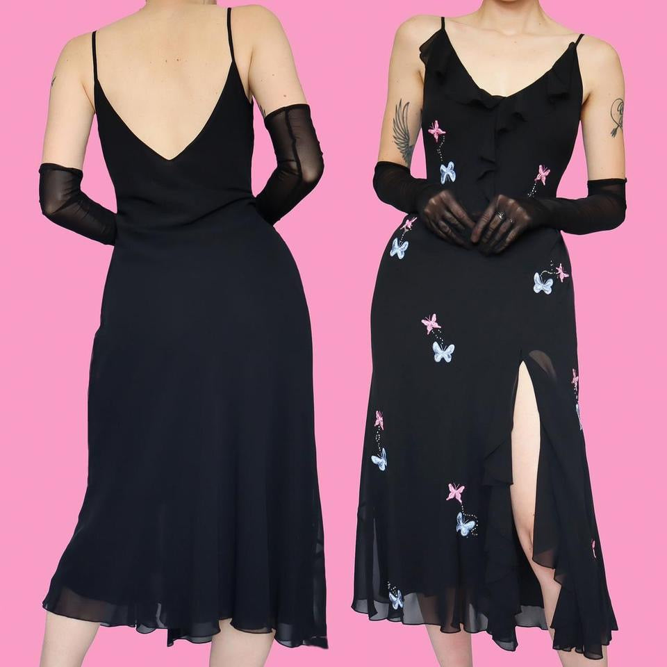 Black chiffon butterfly detail evening midi dress UK 12