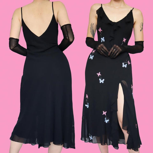 Black chiffon butterfly detail evening midi dress UK 12