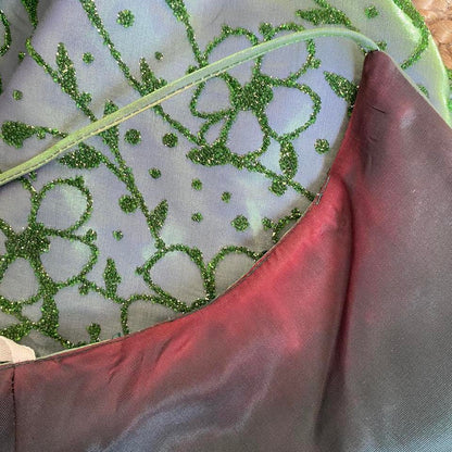 Green silky beaded evening dress UK 14