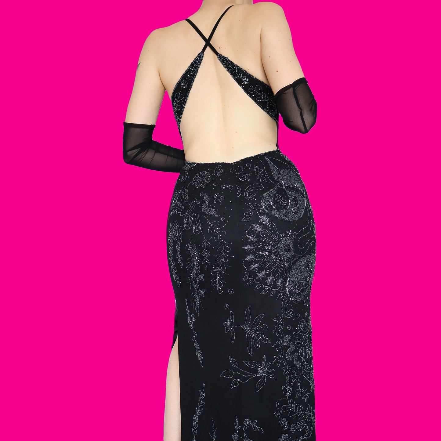 Black beaded evening dress UK 10 & UK 16