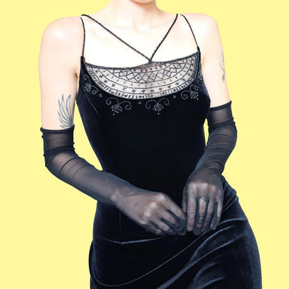 Black velvet beaded evening dress UK 14