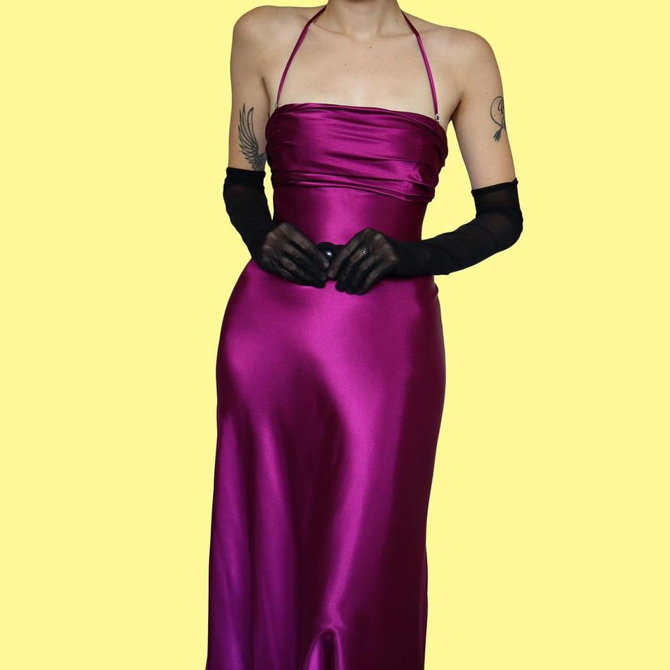 Purple satin halter neck evening dress UK 10