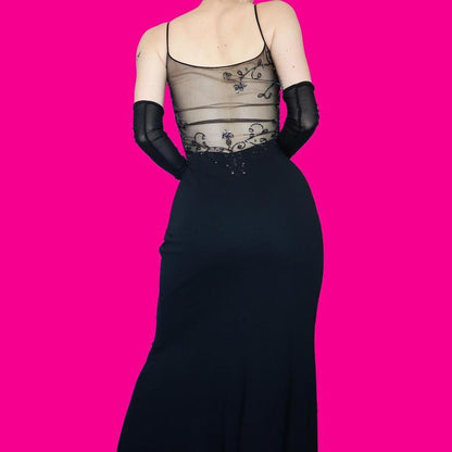 Black beaded sheer detail evening dress UK 14-16