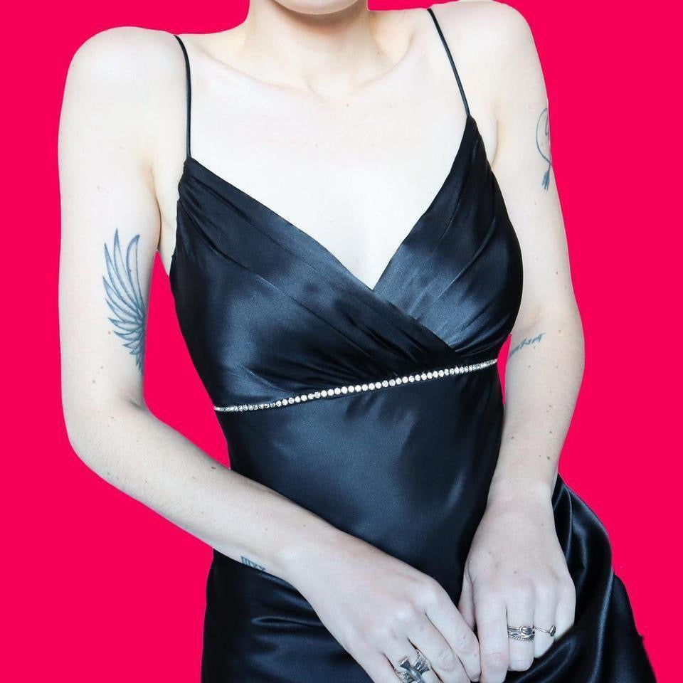 Black satin open back evening dress UK 12