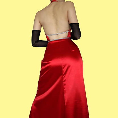 Red satin diamanté evening dress UK 8-10