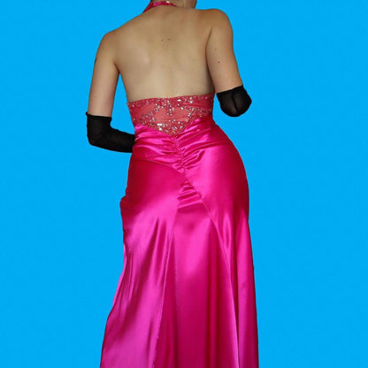 Bright pink satin halter-neck evening dress 12