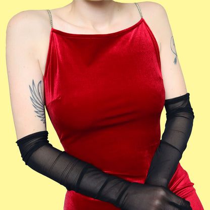 Red velvet open back evening dress UK 12