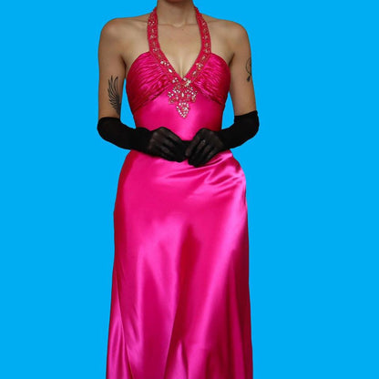 Bright pink satin halter-neck evening dress 12