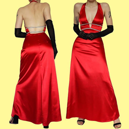 Red satin diamanté evening dress UK 8-10