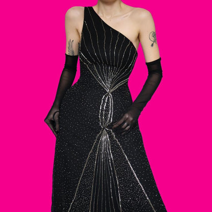 Black one shoulder beaded evening dress UK 12 & UK 16