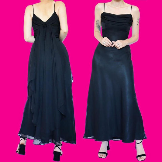 Black chiffon evening dress with trail UK 18