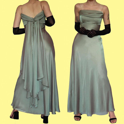 Subtle green evening dress with trail UK 10