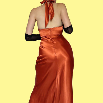Orange satin halter neck evening dress UK 10