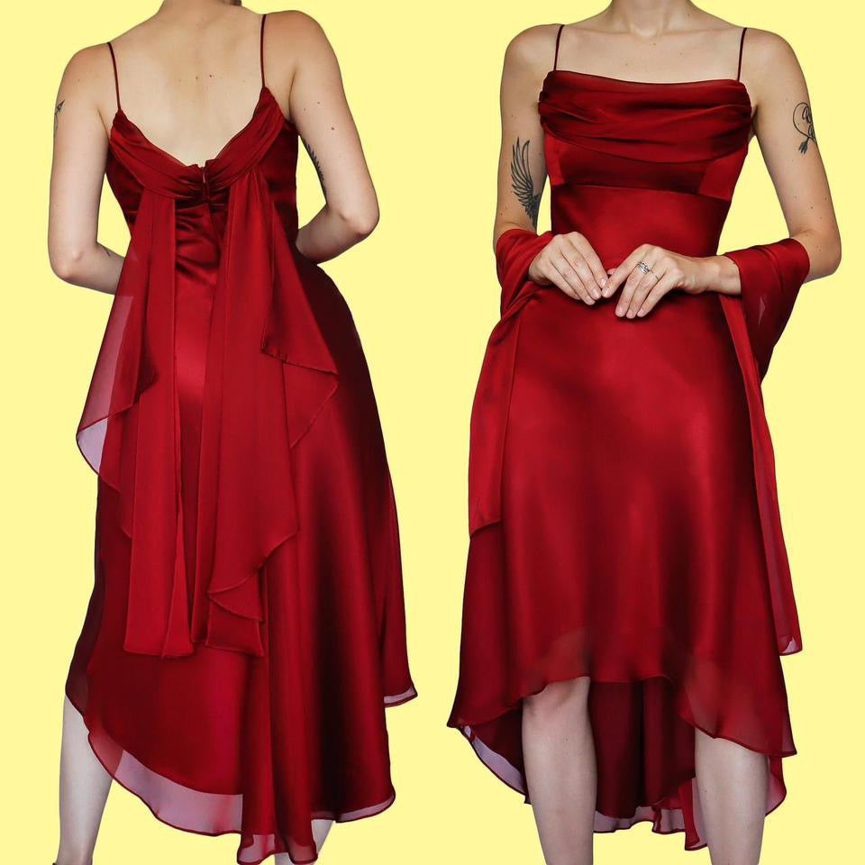 Red chiffon midi dress with shawl UK 12