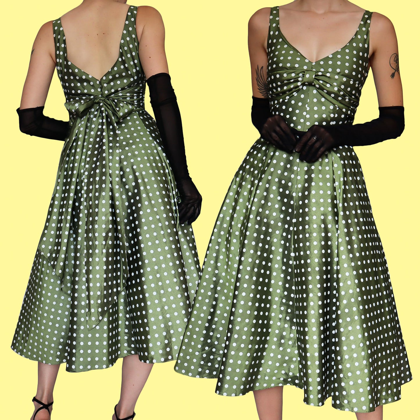 Green polka dot a line midi dress UK 12