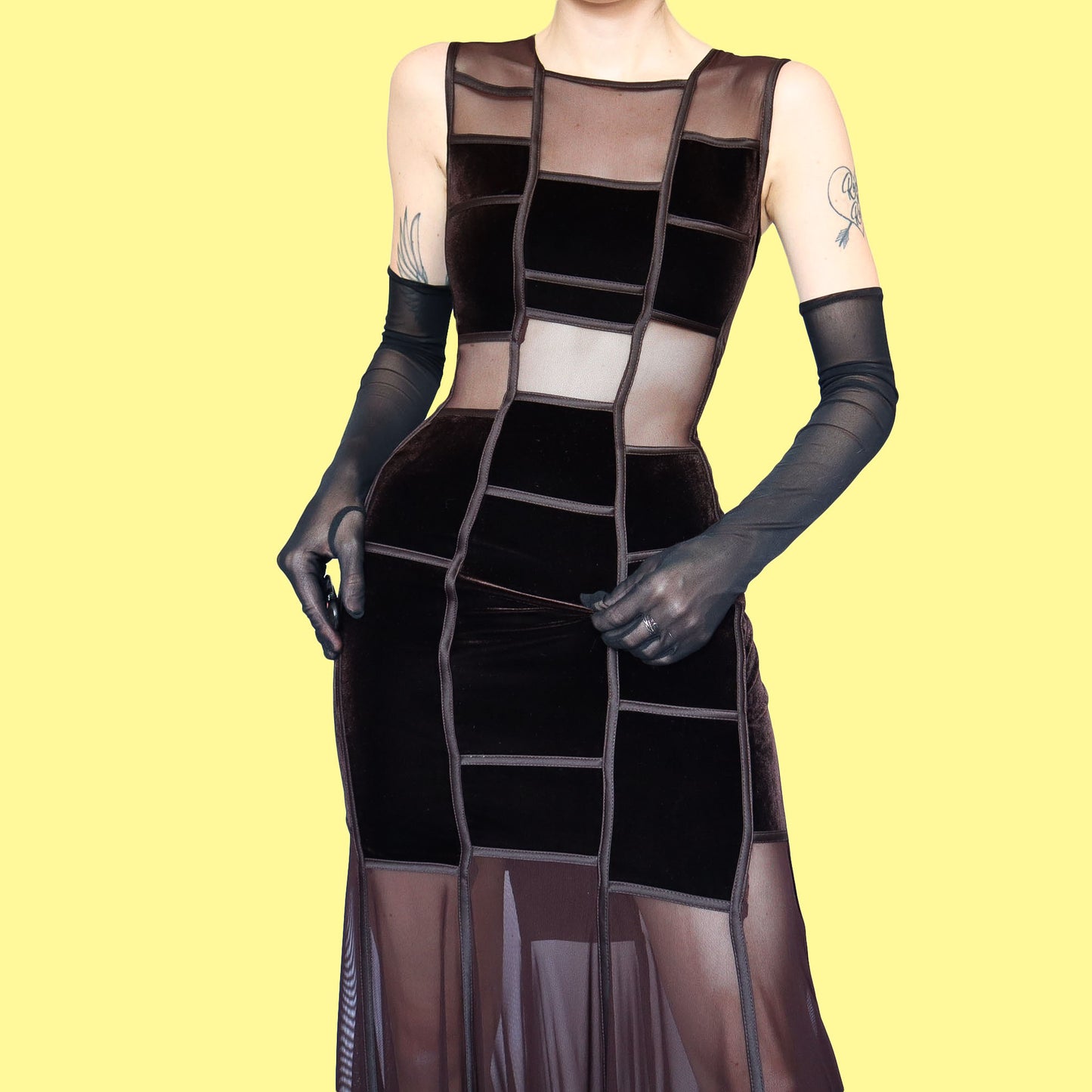 Tadashi brown velvet sheer cut out evening dress UK 10