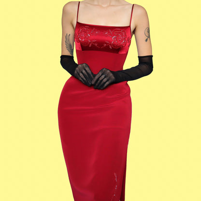 Red beaded fitted evening dress UK 8