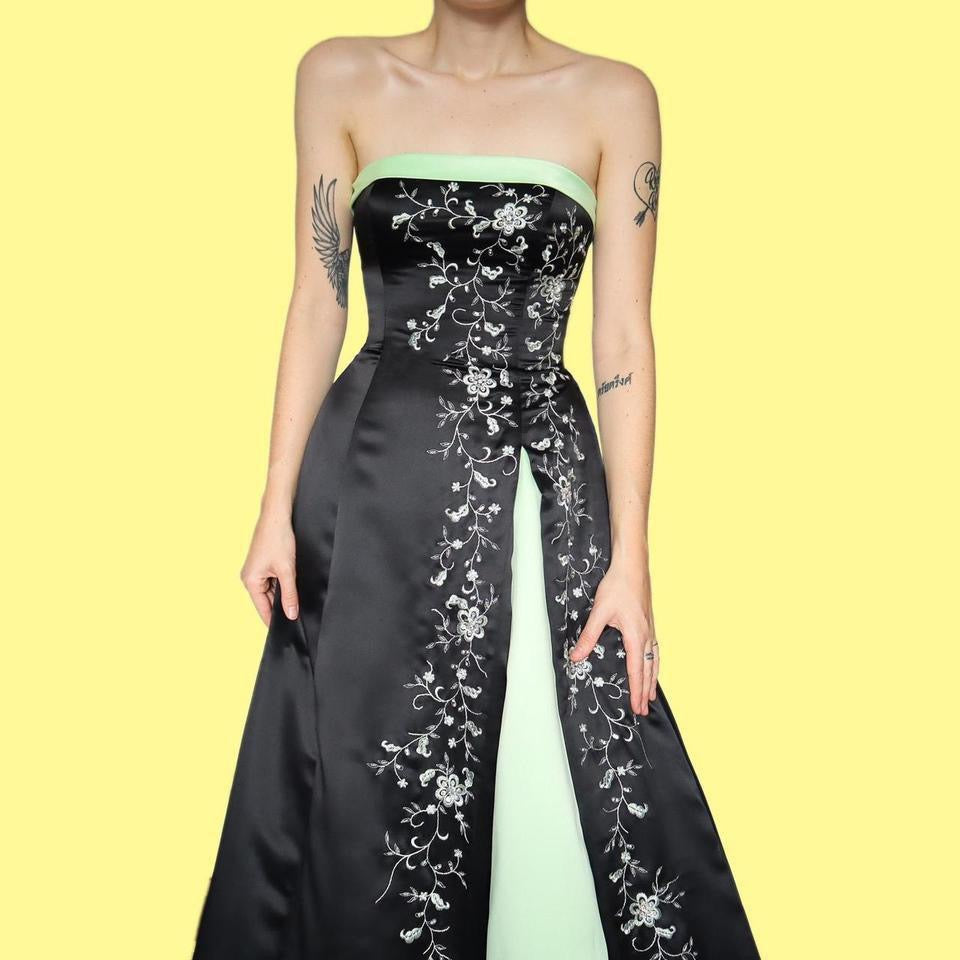 Black & green strapless a line evening dress UK 8