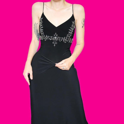 Black stretch beaded evening dress UK 14