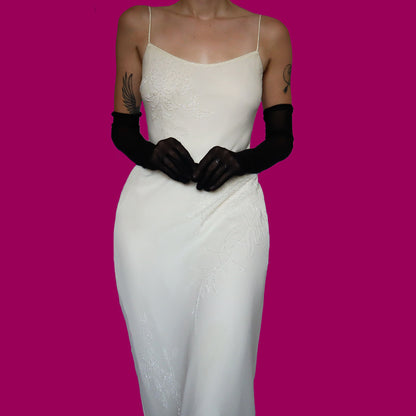 White 100% silk beaded evening dress UK 10