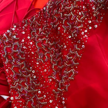 Red strapless YVE evening dress & shawl UK 12