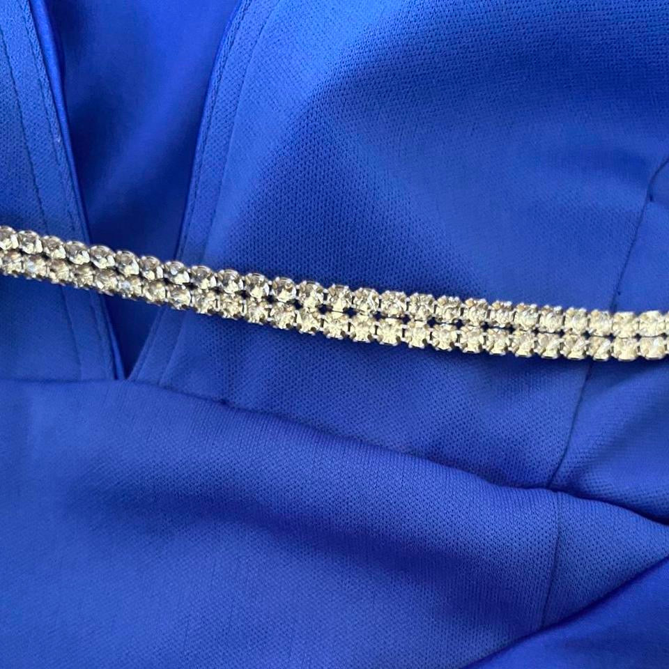 Blue satin diamanté open back evening dress UK 14