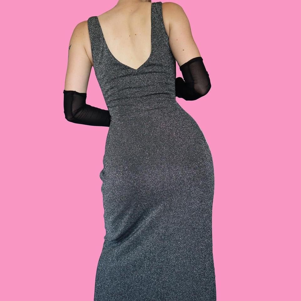 Silver Frank Usher stretch wrap evening dress UK 10-12