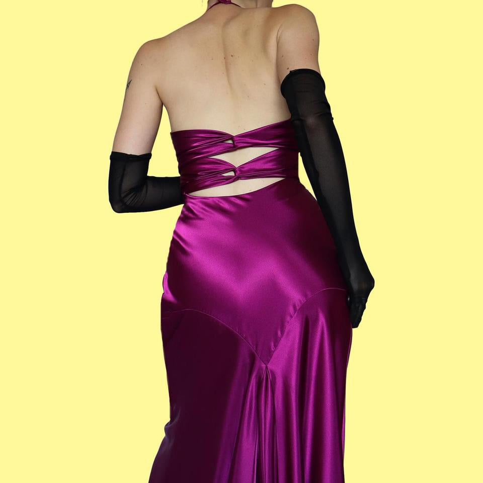 Purple satin halter neck evening dress UK 10