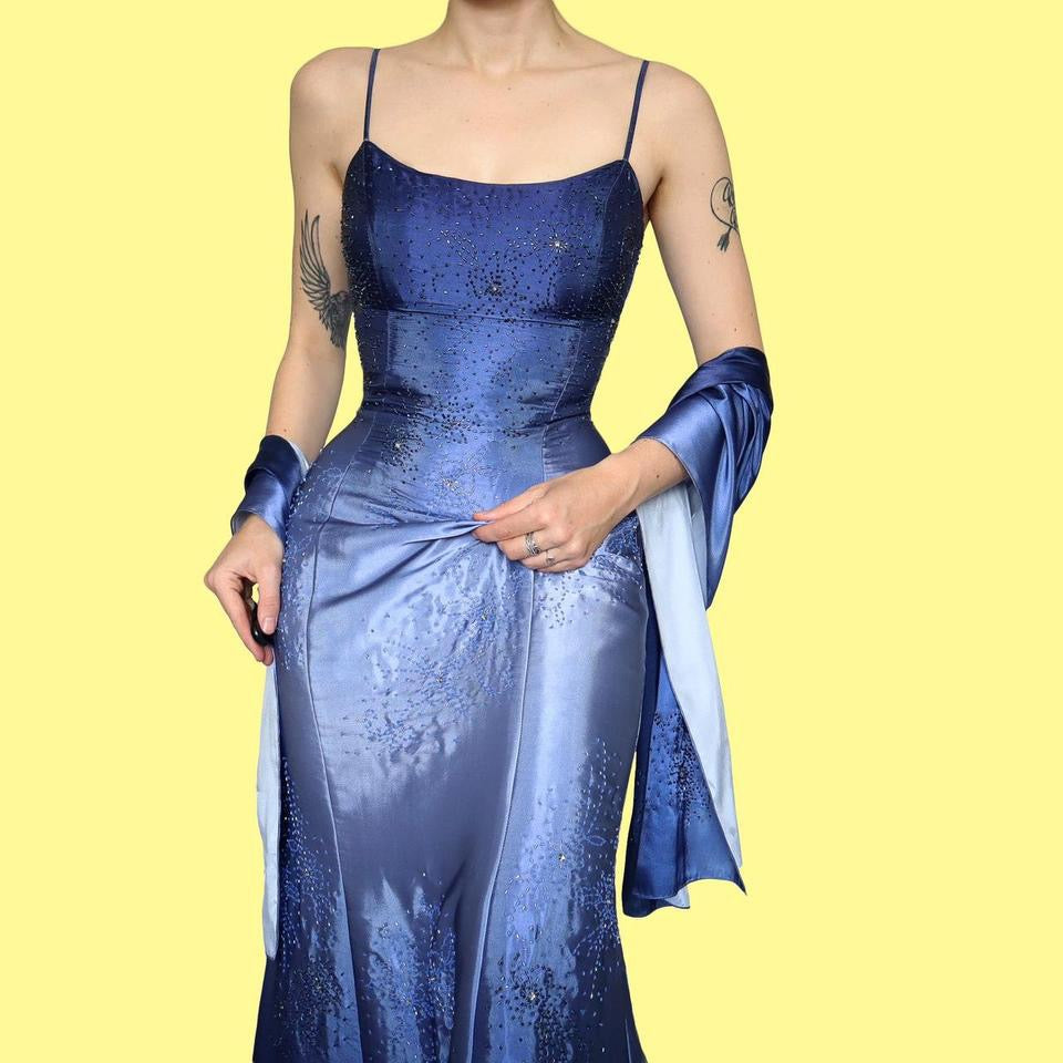 Blue satin beaded evening dress with shawl UK 12-14