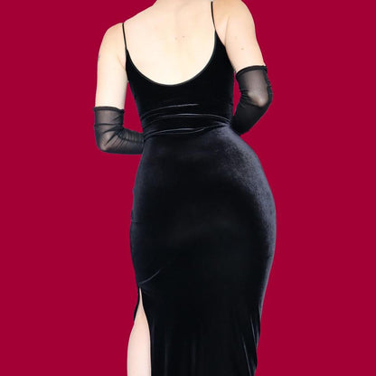Black velvet petite evening dress UK 14