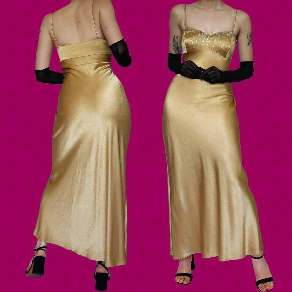 Silky gold sequin evening dress UK 14