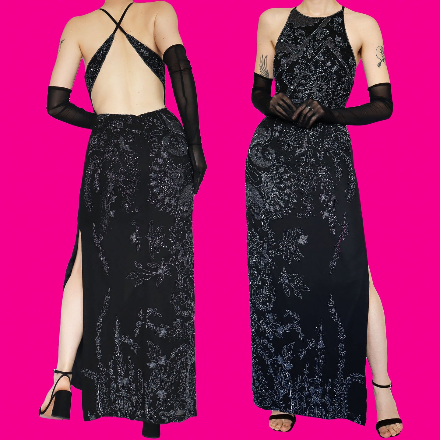 Black beaded evening dress UK 10 & UK 16