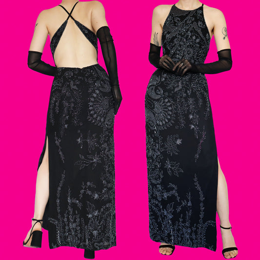 Black beaded evening dress UK 10 & UK 16