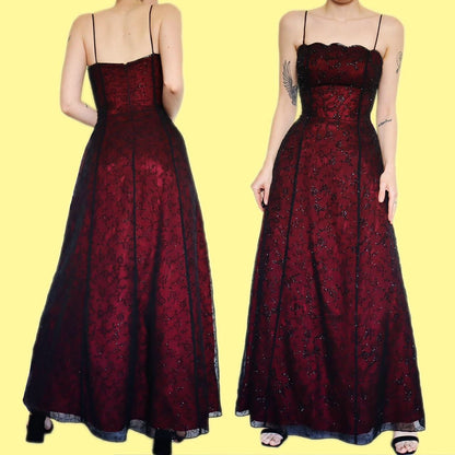 Red floral beaded a-line evening dress UK 8-10