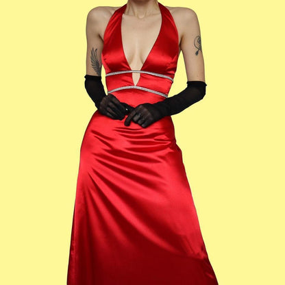 Red satin diamanté evening dress UK 8-10