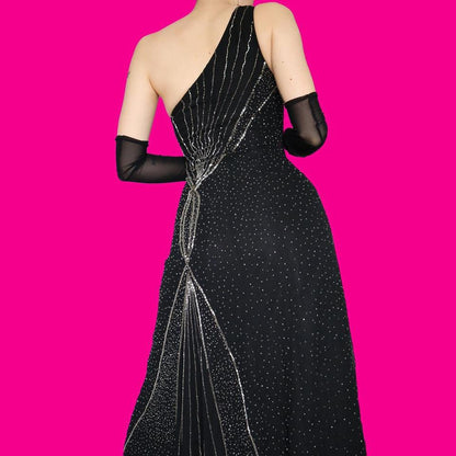 Black one shoulder beaded evening dress UK 12 & UK 16