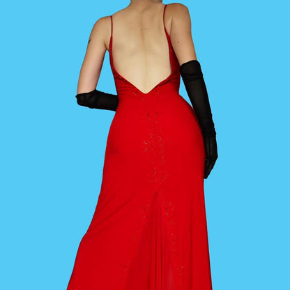 Red beaded low back evening dress UK 12