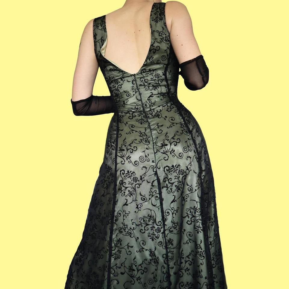 Green glittery floral a line evening dress UK 14