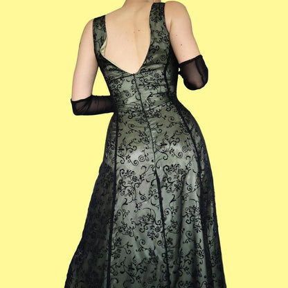 Green glittery floral a line evening dress UK 14