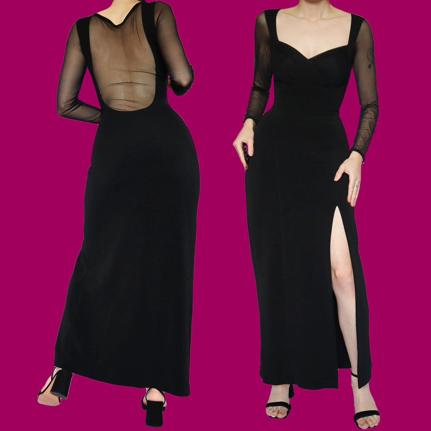 Black stretch long sleeve evening dress UK 14