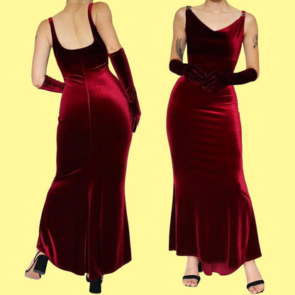 Red velvet evening dress with gloves UK 8-10