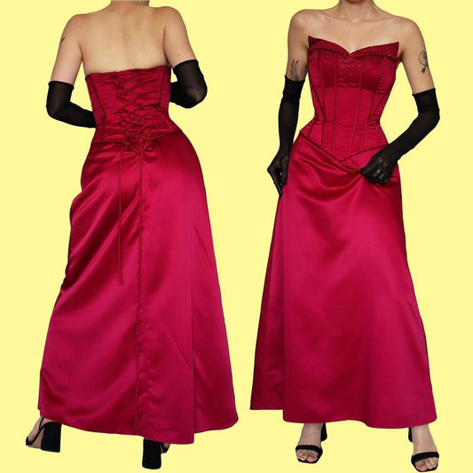 Dark pink strapless corset evening dress UK 10
