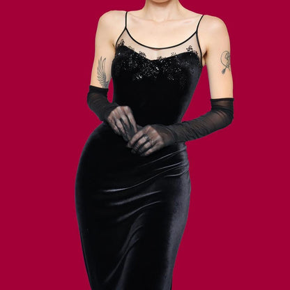 Black velvet petite evening dress UK 14