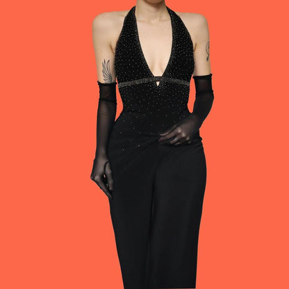Black DJ Nights stretch beaded halter neck evening dress UK 10, 12 & 14 available